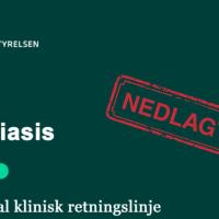 Skærmbillede af dokument-forsiden på de nationale kliniske retningslinjer for psoriasis fra Sundhedsstyrelsen påtrykt nedlagt-stempel